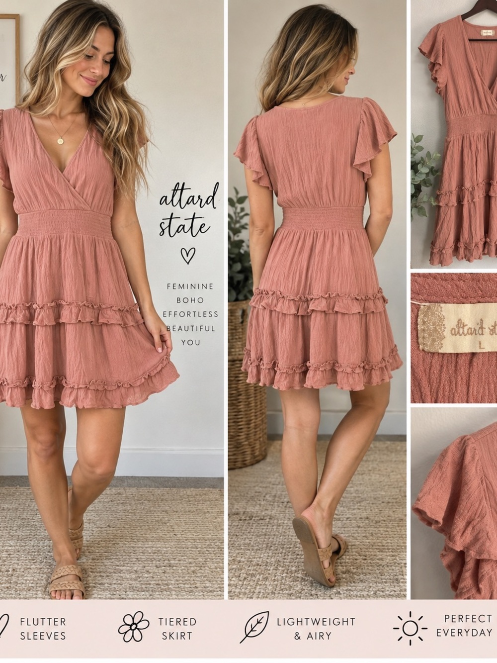 Altar'd State Dusty Rose Tiered Flutter-Sleeve Dress